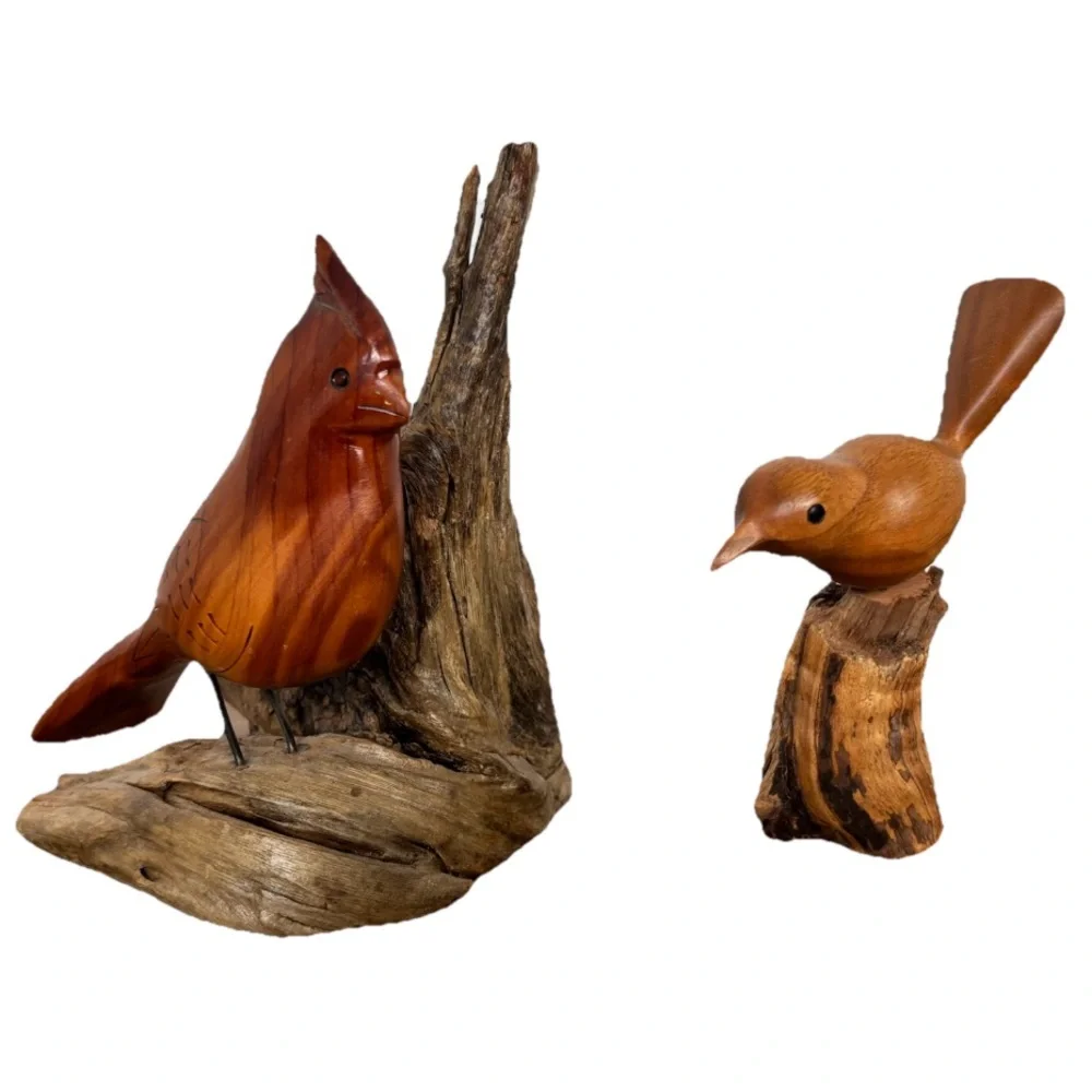 Handcrafted Wooden Bird Figurines On Rustic Wood Artsy Beachy MCM - Picture 11 of 11